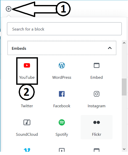 Adding the YouTube block to Embed YouTube Video In Gutenberg Editor
