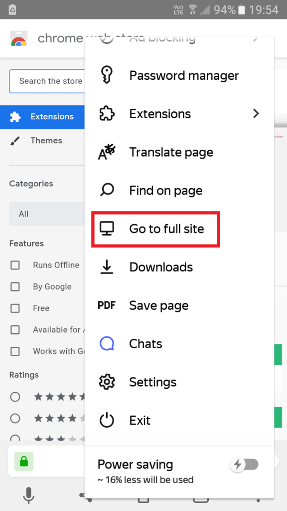 Go to full site to install google chrome extensions on mobile