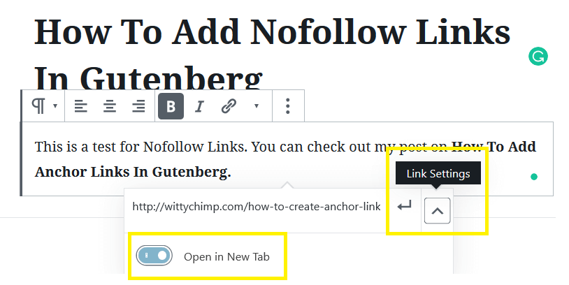 Editing Link Settings To Add Nofollow Links In Gutenberg