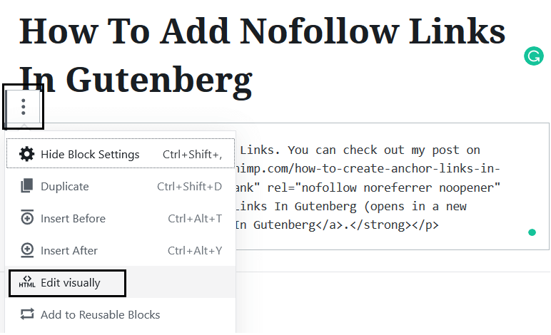 Editing Visually To Add Nofollow Links In Gutenberg